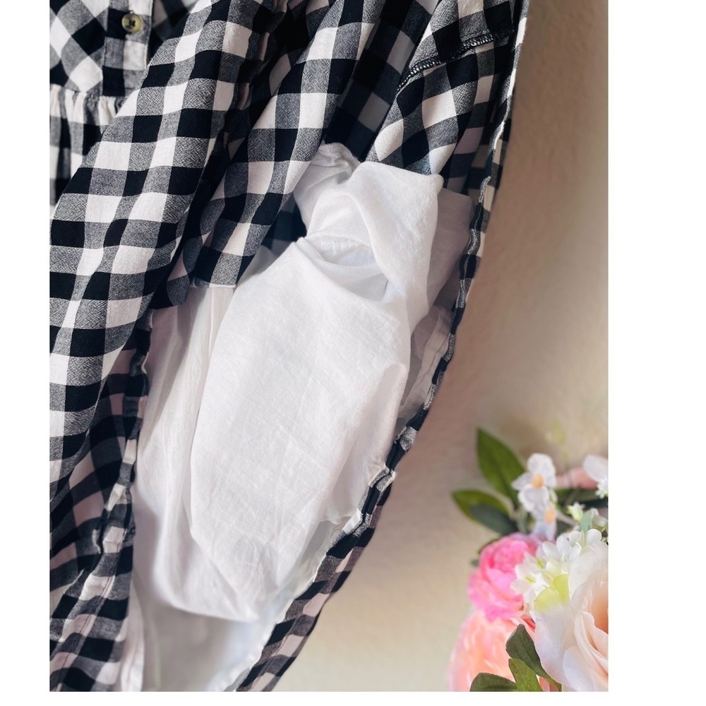 Downeast Black White Gingham Plaid Babydoll Dress Ruffle Sleeve Pockets Size L - Picture 9 of 16